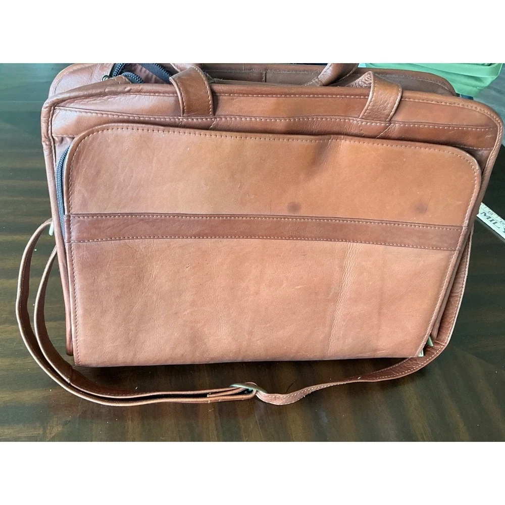 USL Vintage Leather Briefcase Messenger Bag Cognac Brown Multi Pocket Laptop Bag